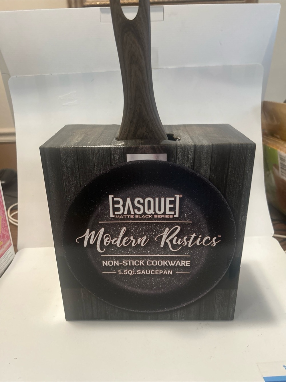 Basque Modern Rustics Matte Black Saucepan with Wood-Tone Handle